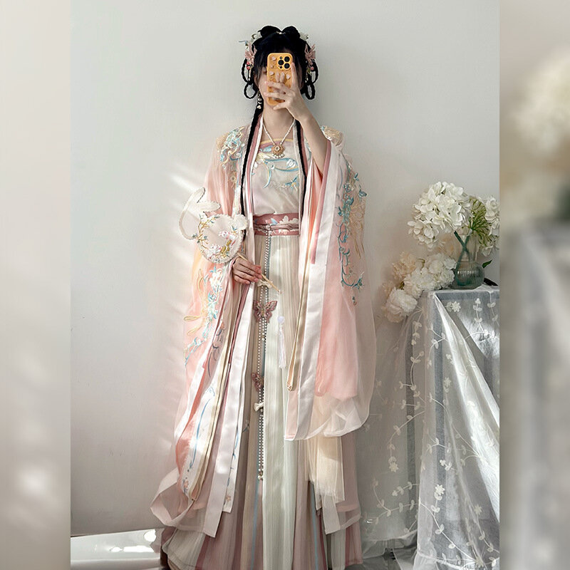 ملابس على الطراز الصيني التقليدي للنساء ، هانفو الوردي والأزرق ، ألوان التطريز والتدرج ، فستان سلالة تانغ الصيفي