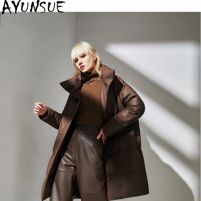Ayunsu-سترة جلدية حقيقية للنساء ، 90% أوزة أبيض أسفل معطف ، طوق الدائمة ، منتصف طويلة سترات دافئة ، معطف جلد الغنم الحقيقي ، والأزياء