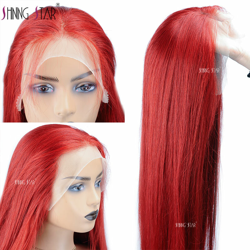 باروكة شعر طبيعي مستقيمة للنساء ، باروكة أمامية من الدانتيل ، لون أحمر عنابي ، عظم ، 13x6 ، 13x4 ، 34 "، Hot