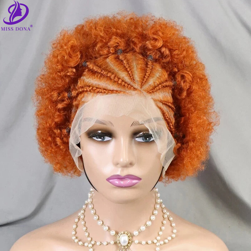 شعر مستعار مجعد من MissDona-Ginger مع ضفائر للنساء في أفريقيا ، شعر بشري ، دانتيل أمامي ، شعر مستعار أفريقي ، 13x4