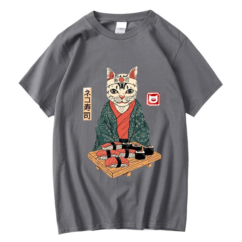 الرجال اليابانية مجردة Harajuku القط الغذاء السوشي ثلاثية الأبعاد الطباعة تي شيرت ، س الرقبة ، قصيرة الأكمام ، حجم كبير ، فضفاض رداء علوي غير رسمي ، الصيف ، 6X #1