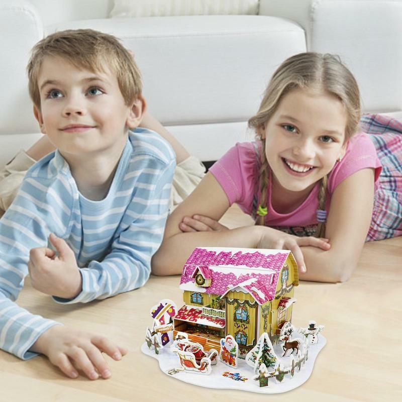 ثلاثية الأبعاد الألغاز عيد الميلاد ديكور نموذج عدة ، مشهد الثلج الأبيض ، موضوع ، بلدة صغيرة ، طفل والكبار