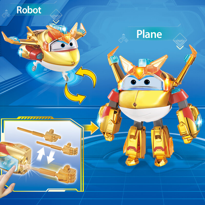 لعبة أطفال أنمي روبوت تحويل طائرة 2 إيماءات صوت خفيف سوبر وينغز 6 بوصات ديلوكس تحويل سوبر تشارجد الذهبي بوي مع ضوء الصوت