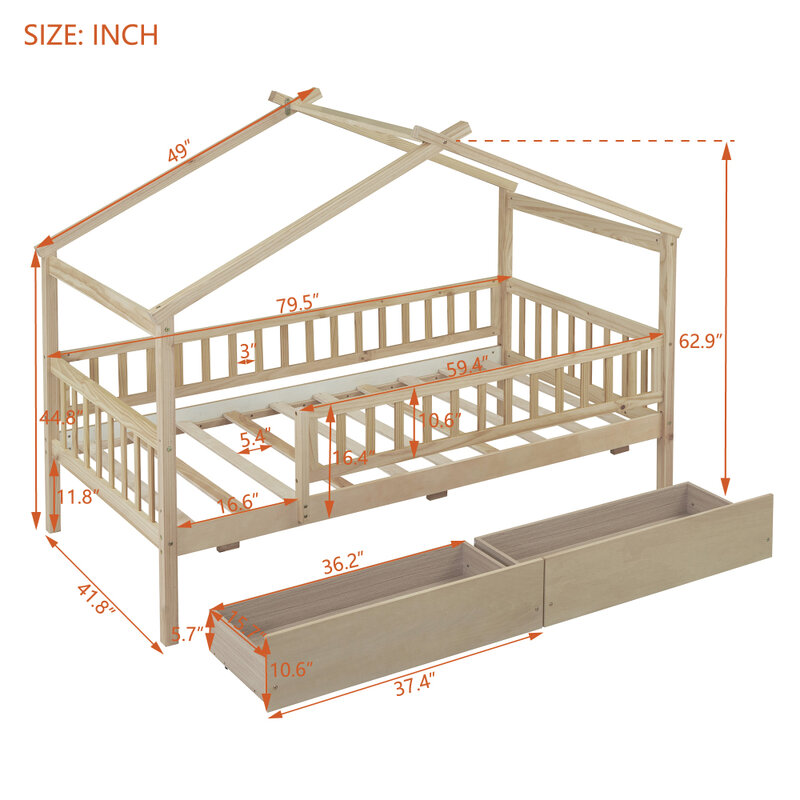 سرير منزل خشبي مع درجين ، حجم مزدوج
