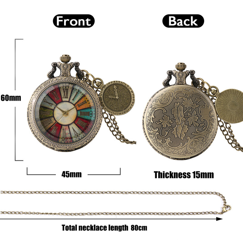 حافظة زجاجية شفافة ملونة الأرقام الرومانية الطلب التناظرية قلادة ساعة ساعة كوارتز ساعة جيب للرجال والنساء مع ملحق