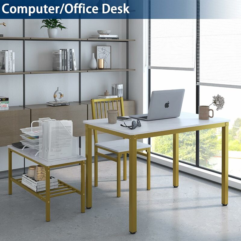 طاولة طعام رخامية بيضاء بإطار ذهبي ، مكتب كمبيوتر للمطبخ ، مقعدون ومقعد ، مجموعة 4 أشخاص