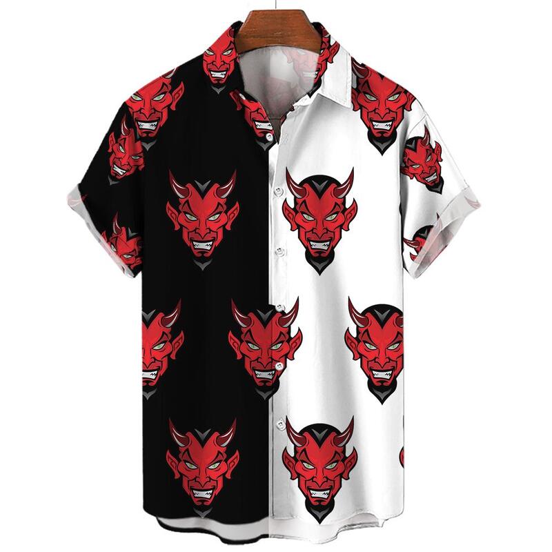 قميص رجالي بأكمام قصيرة ، قمصان هاواي كاجوال بياقة ، هيكل عظمي وطباعة شيطان ، ملابس شاطئ بزهور ، موضة عتيقة ، الصيف ، صوفي