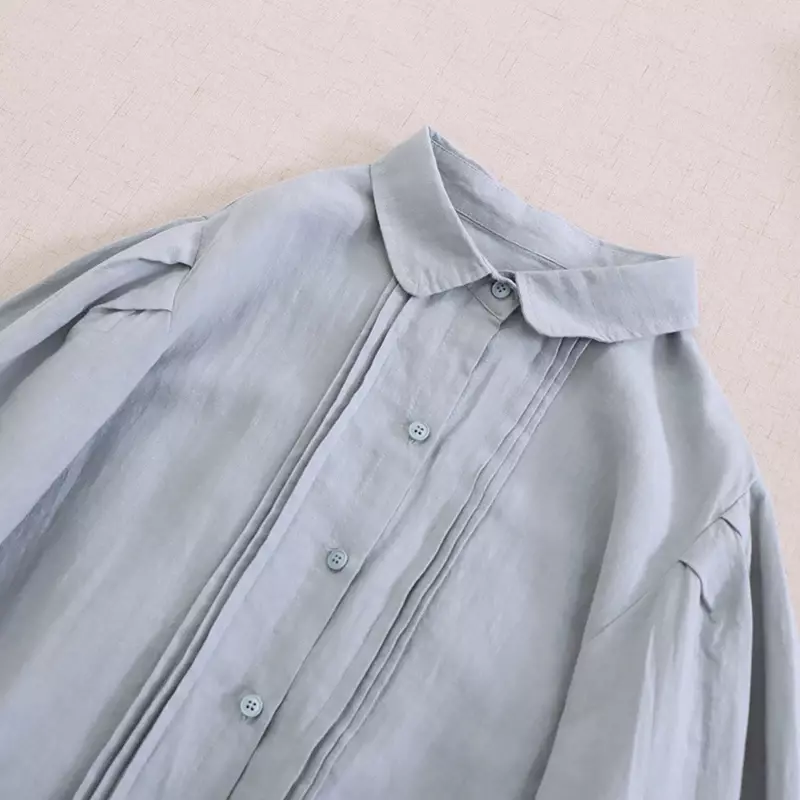 بلوزة موري جيرل كلاسيكية من الكتان القطني للنساء ، قميص فضفاض ، ياقة مطوية لأسفل ، كم فانوس ، توبات نسائية غير رسمية ، على الطراز الياباني
