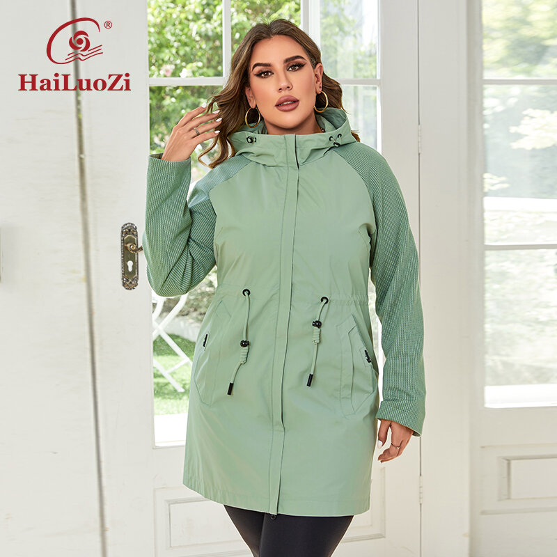 HaiLuoZi-معطف واق من المطر متوسط الطول مضاد للرياح للنساء ، ملابس نسائية ، أوتار بقلنسوة ، مقاسات كبيرة ، 730 ، خريف ، جديد ، 2023