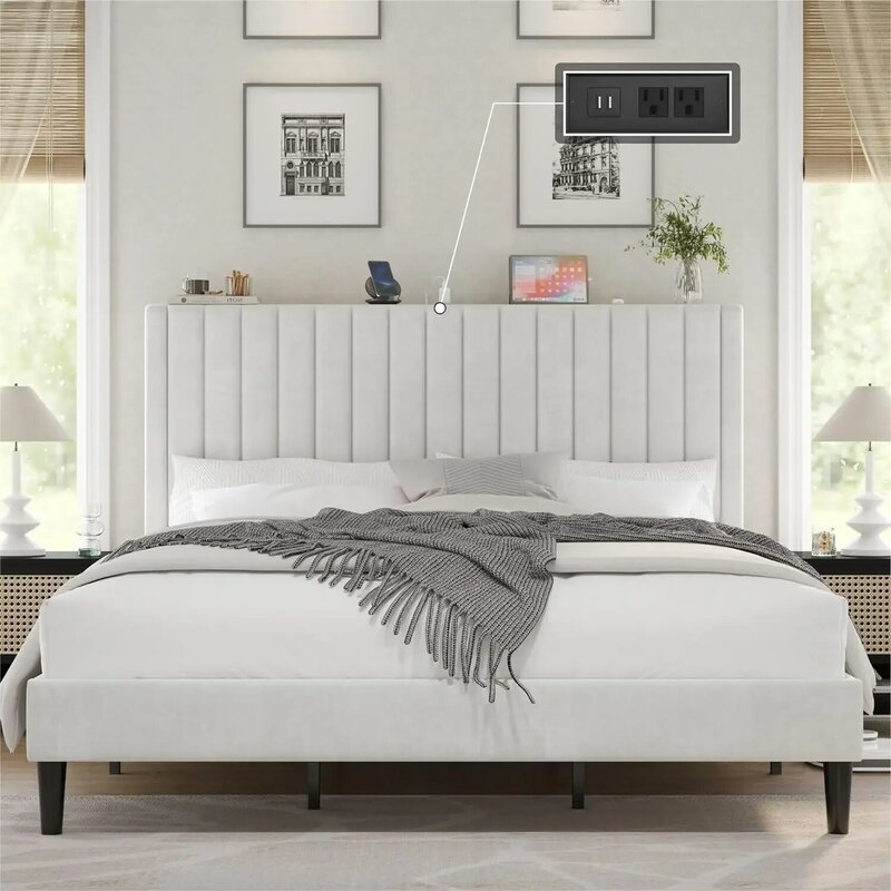سرير مخملي منجد مع قناة ، لوح رأس معدود ، أساس المرتبة ، شرائح خشبية ، لا حاجة لزنبرك الصندوق