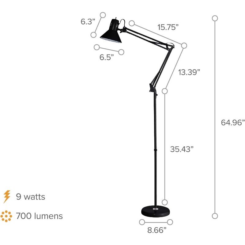 مصباح أرضي معدني بذراع متأرجح ، 72 "طويل القامة مع تعديل متعدد المفاصل ، يتضمن لمبة ليد قابلة للاستبدال (VLF) ، VLF100F