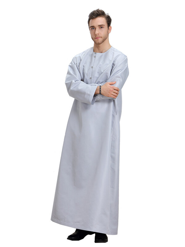 رداء رجالي إسلامي بلون سادة وأكمام طويلة وياقة دائرية وزر ثوب عربي للكبار طول الكاحل ثوب رجالي رمضاني للعيد