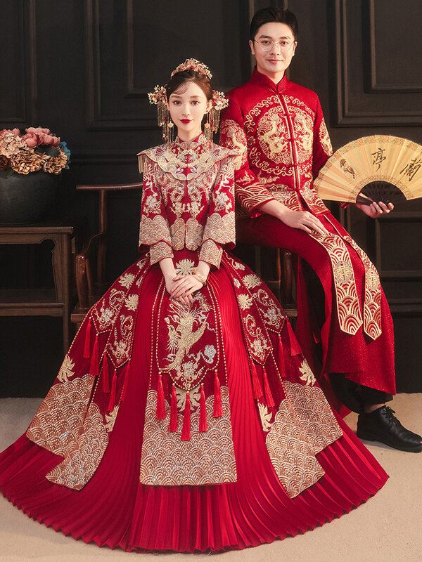 2022 العروس الأحمر التطريز تشيباو فستان الزفاف الرجعية النمط الصيني شيونغسام نخب الملابس حجم S-2XL