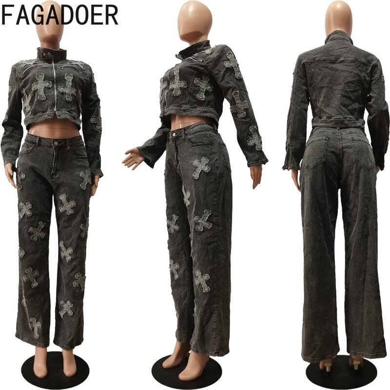 FAGADOER-Denim توب بأكمام طويلة ومجموعة جان مستقيمة للنساء ، ملابس من قطعتين ، ملابس الشارع Y2K مع سحاب ، أزياء نسائية