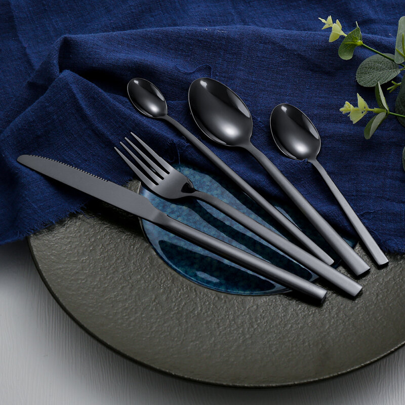 الغربية أدوات المائدة الأسود أواني الطعام مجموعة 6 قطع مجموعة أدوات المائدة الفولاذ المقاوم للصدأ سكين شوكة IceTea ملعقة حفلة مجموعة الفضيات الكلاسيكية