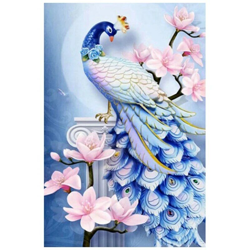 لوحة ماسية مع تطريز ماسي ، طاووس أزرق ، صورة حجر الراين مستديرة كاملة ، ديكور منزلي ، 01