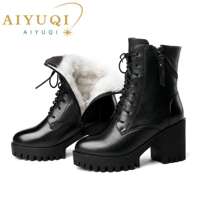 AIYUQI-حذاء برقبة من الجلد الأصلي للنساء ، حذاء برقبة عارية ، صوف طبيعي ، حذاء عارٍ ، دافئ ، شتاء ، جديد ،