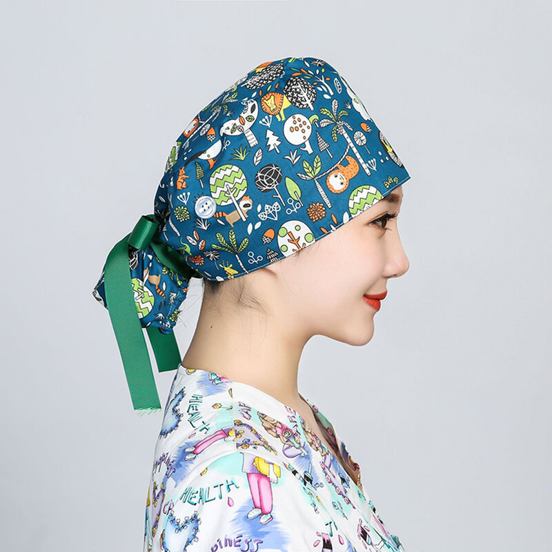 غرفة العمليات فرك قبعة المرأة غطاء للشعر الطويل قبعة القطن الأسنان الطباعة القبعات الجمال العمل القبعات مكافحة القذرة قابل للتعديل طبيب القبعات