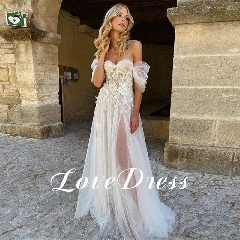 LoveDress-فساتين زفاف من التل على الكتف ، حبيبة عصرية ، فساتين زفاف على شكل حرف A ، أكمام مطوي ، وهم ، الصيف