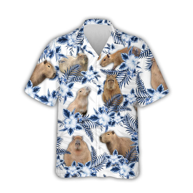قميص هاواي بأكمام قصيرة للرجال ، كاواي كابيبارا طباعة جرافيك ، ملابس شاطئ عتيقة ، بلوزة غير رسمية ، قمم Y2k لطيفة ، 3D