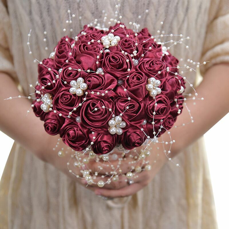 جميلة الاصطناعي الوردي الأبيض والعاجي الشريط الزهور مذهلة اللؤلؤ الخرز باقة الزفاف وصيفه الشرف باقات الزفاف