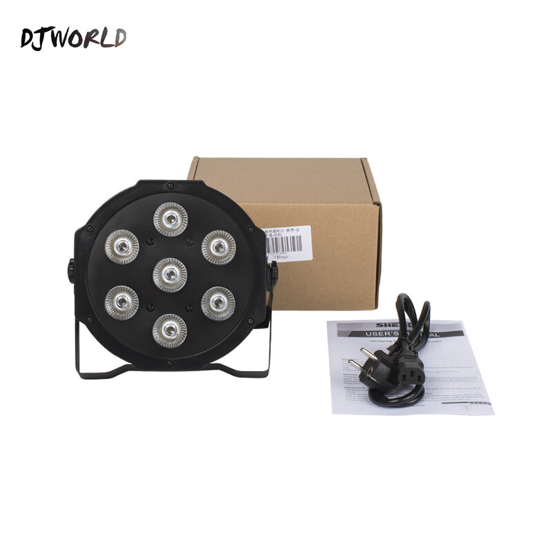 DJworld-مصابيح ديسكو مسطحة احترافية للعرض ، مصابيح صوتية للحفلات ، دي جي ، رغبوا + الأشعة فوق البنفسجية ، رغبو ، وحدة تحكم DMX ، 7x18W ، 7x12W ، 4