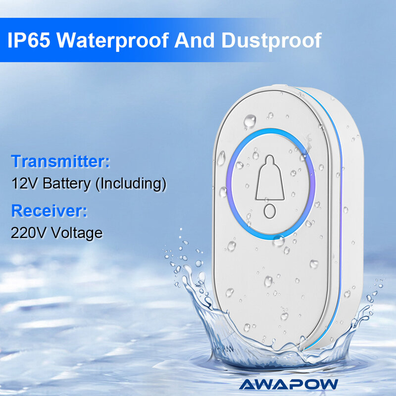 Awapow IP65 مقاوم للماء اللاسلكية الجرس المنزل الذكي في الهواء الطلق جرس الباب 39 نغمة 4 حجم قابل للتعديل LED فلاش الأمن إنذار