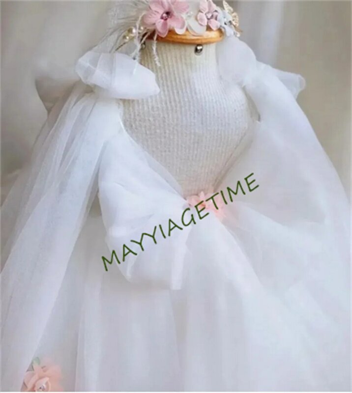 زهرة بيضاء فستان فتاة للأطفال ، زهور ثلاثية الأبعاد ، فساتين المسابقة ، ثوب عيد ميلاد مزين ، تصوير ، حفل زفاف