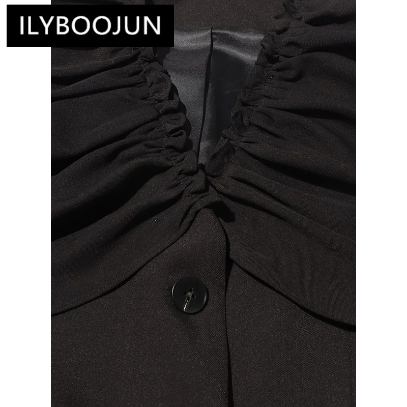 Ilyboojun-السترة مع طيات للنساء ، خليط الصلبة ، الخامس الرقبة ، طويلة الأكمام ، تقسم ، واحد الصدر ، أنيقة ، الموضة ، جديد