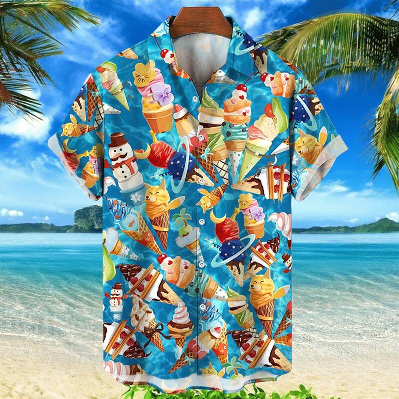 قميص هاواي للرجال مطبوع عليه آيس كريم ، بلوزة بأكمام قصيرة إسبانية ، ملابس شارع صيفية ، حفلة شاطئ عصرية ، ملابس اجتماعية