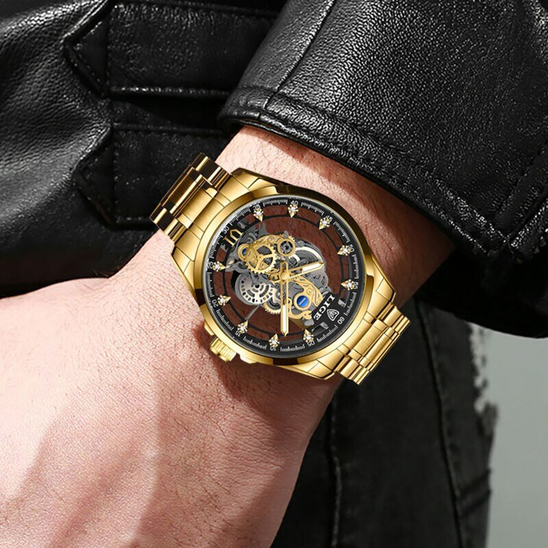 ساعة يد رجالية جديدة من LIGE ساعة يد كوارتز بهيكل عظمي ذهبي ساعة رجالية عتيقة ساعة فاخرة من أفضل العلامات التجارية ساعات رجالية