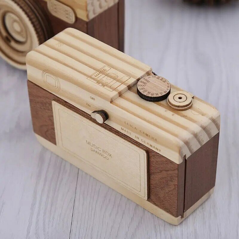 صندوق الموسيقى الخشبي بتصميم كاميرا ريترو لديكور المنزل لعيد الميلاد