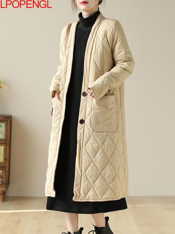 معطف نسائي متوسط الطول ، بأكمام طويلة ، ملابس قطنية أنيقة ، عتيق ، أحادي اللون ، غير رسمي ، فضفاض ، موضة ، خريف ، شتاء ، 2023