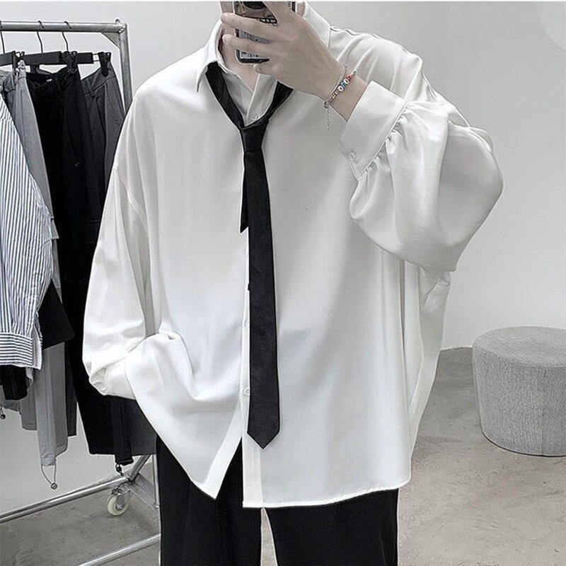 أسود طويل الأكمام قمصان الرجال الكورية البلوزات مريحة عادية فضفاض واحدة الصدر قميص مع التعادل