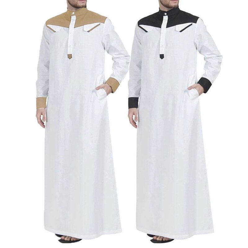 ملابس مسلمة تقليدية متباينة اللون فستان مسلم الشرق الأوسط جوبا ثوب الرجال رداء ث/كم طويل الرقبة اليوسفي