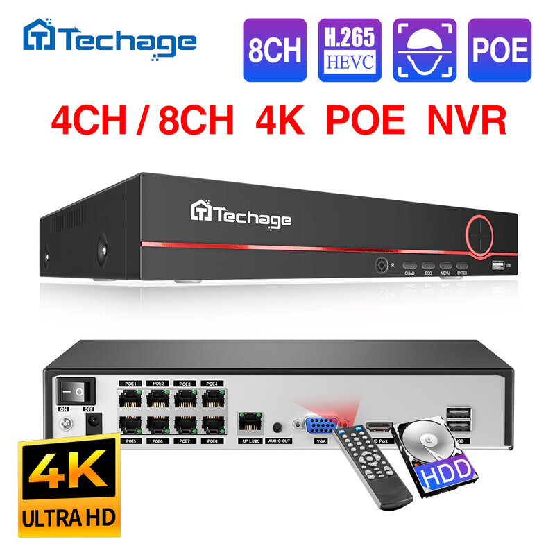 Techage-اتجاهين الصوت الأمن مراقبة كاميرا IP, POE NVR, H.265, 4MP, 5MP, 8MP, 1080P, 4K, POE, ما يصل إلى 16CH, CCTV فيديو