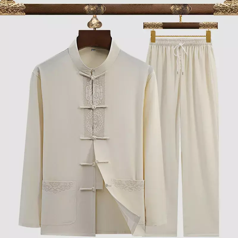 بدلة تانغ للرجال بياقة الماندرين ، ملابس تانغ غير رسمية ، مطرزة هانفو كونغ فو تاي تشي الوطنية ، الصينية