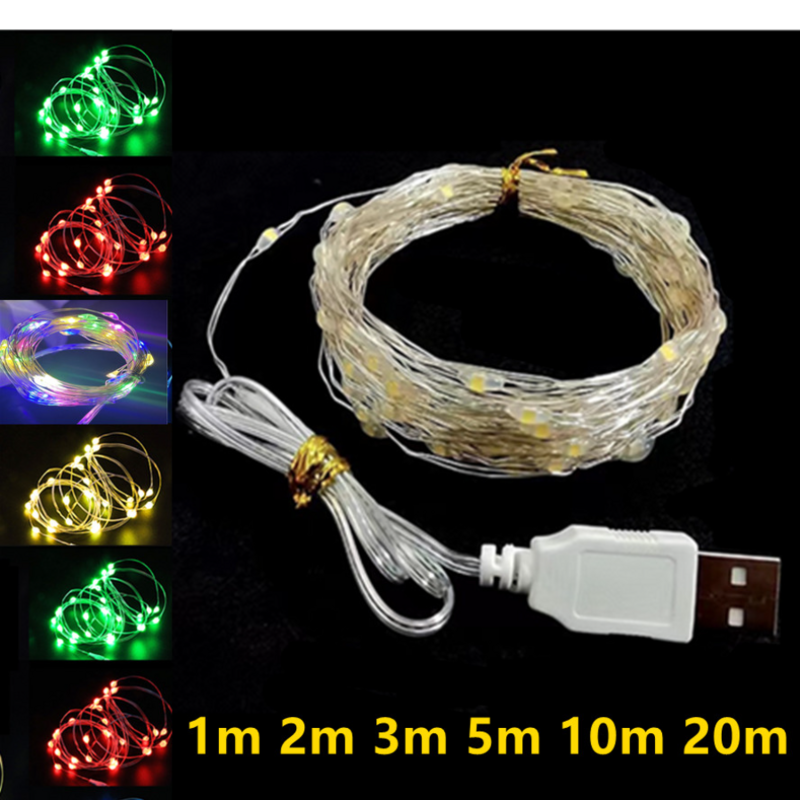 مقاوم للماء USB LED سلسلة أضواء ، أسلاك الفضة والنحاس ، ضوء جارلاند ، أضواء الجنية لعيد الميلاد ، ديكور حفلات الزفاف ، 1 متر ، 5 متر ، 20 متر