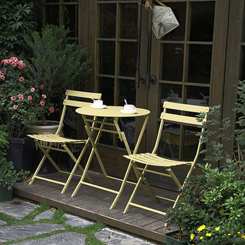 طاولة وكراسي مستديرة قابلة للطي من 3 قطع ، طقم بيسترو للفناء ، مقاعد مريحة ، أصفر