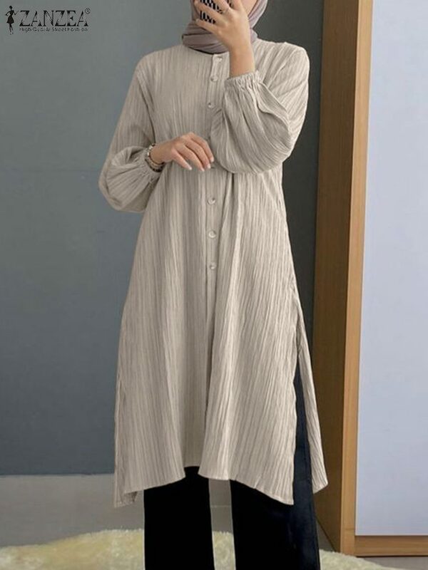 ZANZEA-بلوزة أحادية اللون بأكمام طويلة للنساء ، قميص بحاشية منقسمة ، ملابس إسلامية ، قطع علوية أنيقة للعمل ، حفلة العيد ، موضة الخريف