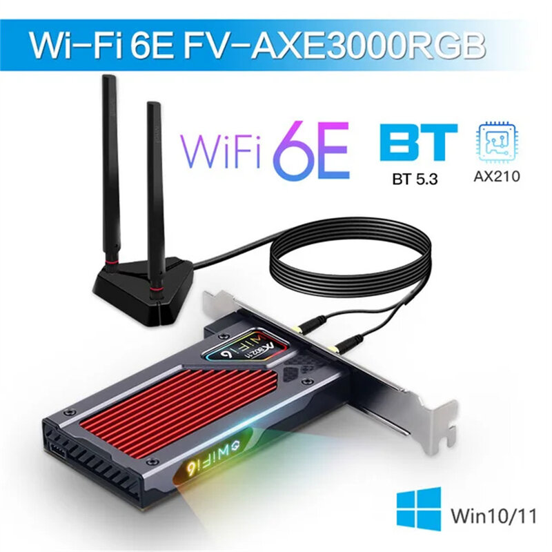 Fenvi واي فاي 6e إنتل AX210 PCIe محول لاسلكي بلوتوث 5.3 AX210NGW بطاقة شبكة واي فاي 2.4G/5G/6GHz RGB 802.11ax ويندوز 10