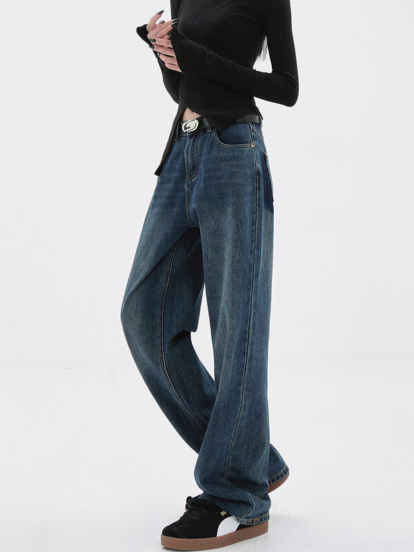 جينز نسائي واسع الساق فضفاض ، ملابس الشارع الكلاسيكية ، سراويل جينز مغسولة ، كاجوال ، بنطال طويل متعدد الاستخدامات ، الصيف ، جديد ، Y2k