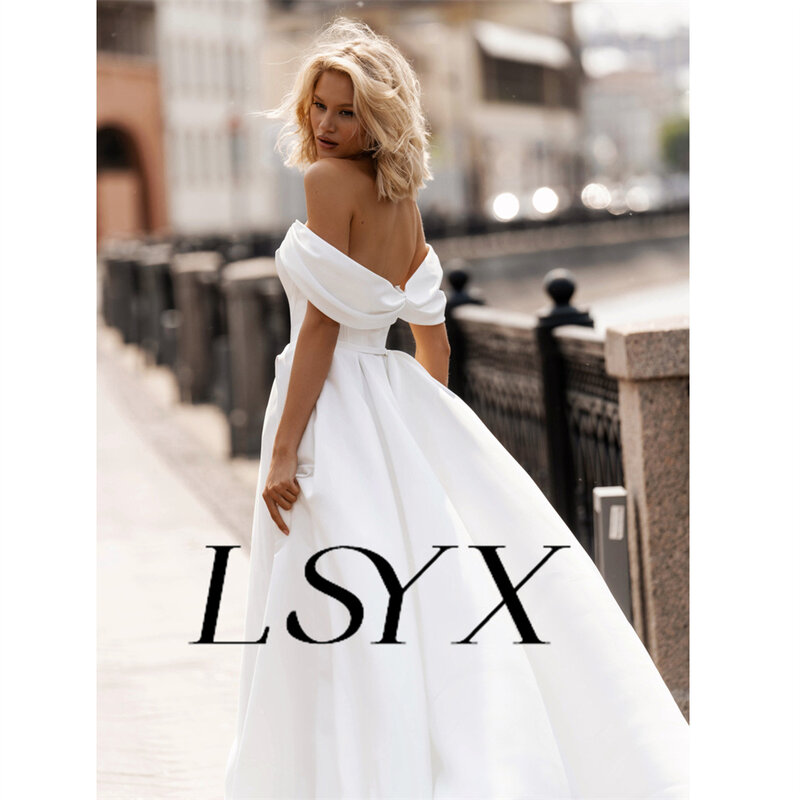 LSYX-فستان زفاف نسائي مكشوف الكتفين برقبة حرف V ، كريب على شكل حرف A ، ظهر بسحاب ، طول الأرضية ، ثوب زفاف مخصص