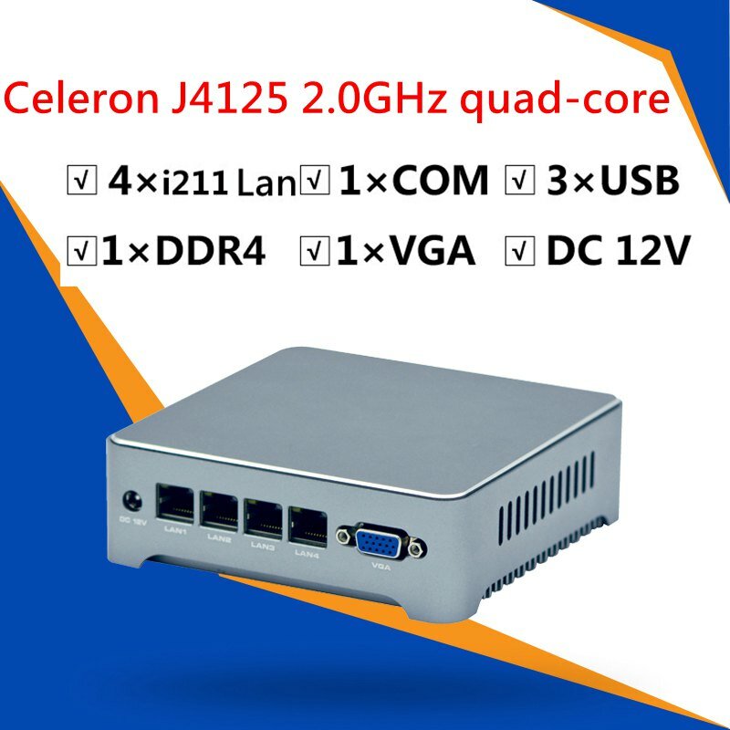 جهاز توجيه صغير ناعم إنتل سيليرون J1900 J4125 رباعي النوى 2.0GHZ 4 جيجابت إيثرنت Lan 3xUSB VGA واي فاي Pfsense جدار الحماية راوتر