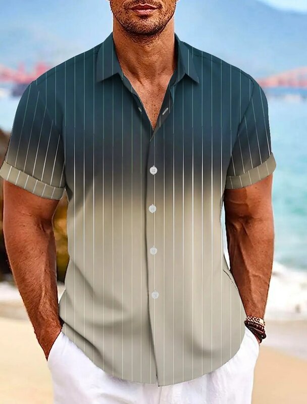 قميص مخطط متدرج للرجال ، قمم بأكمام قصيرة ، أزرار غير رسمية ، بلوزة فضفاضة ، قمصان هاواي ، ملابس صيفية ، موضة جديدة