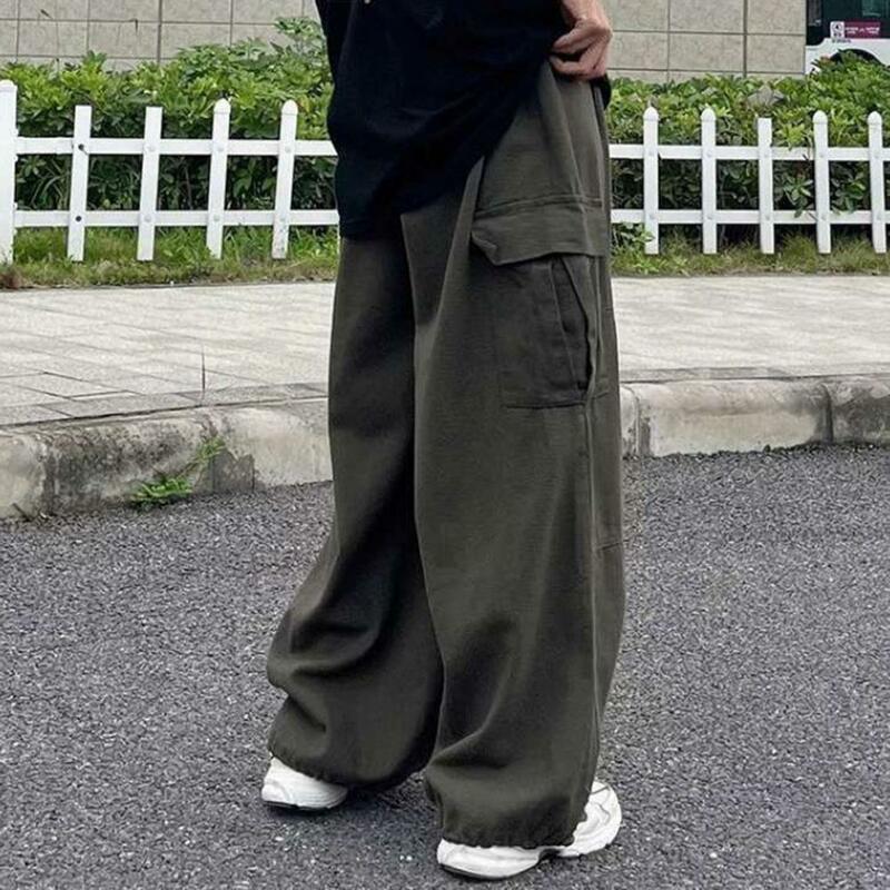 الرجال السراويل واسعة الساق جيوب متعددة مرونة الخصر بلون فضفاض قيعان مستقيم البضائع السراويل فضفاض بنطلون للخارجية