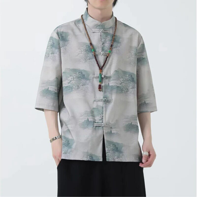 بدلة رجالي مطبوعة قميص تانغ ، فن الشاي ، زي الكونغ فو ، كم خمسة أرباع ، فضفاض ، على الطراز الصيني العتيق ، الصيف ،