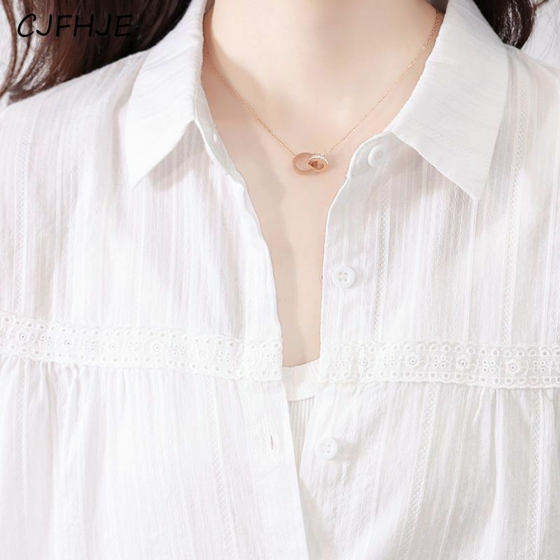 CJFHJE-Polo-Neck بلوزة نسائية ، قميص أبيض بسيط ، كم طويل ، دانتيل مرقع ، بلوزة بأزرار للسيدات ، موضة أنيقة ، ربيع