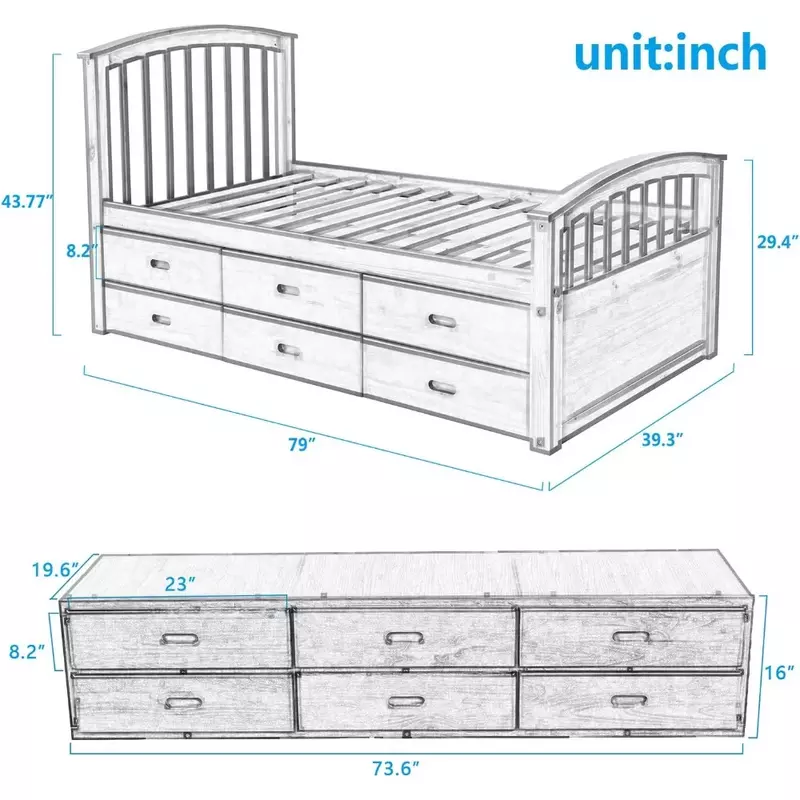 إطار سرير من الخشب الصلب للأطفال ، منصة مزدوجة الحجم ، تخزين ، 6 أدراج
