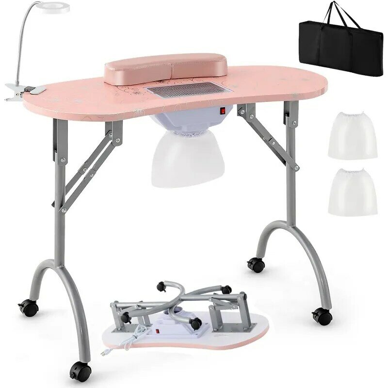 طاولة مانيكير محمولة لتقنية الأظافر ، طاولة أظافر مع جهاز تجميع الغبار الكهربائي ، مصباح LED قابس USB ، راحة المعصم
